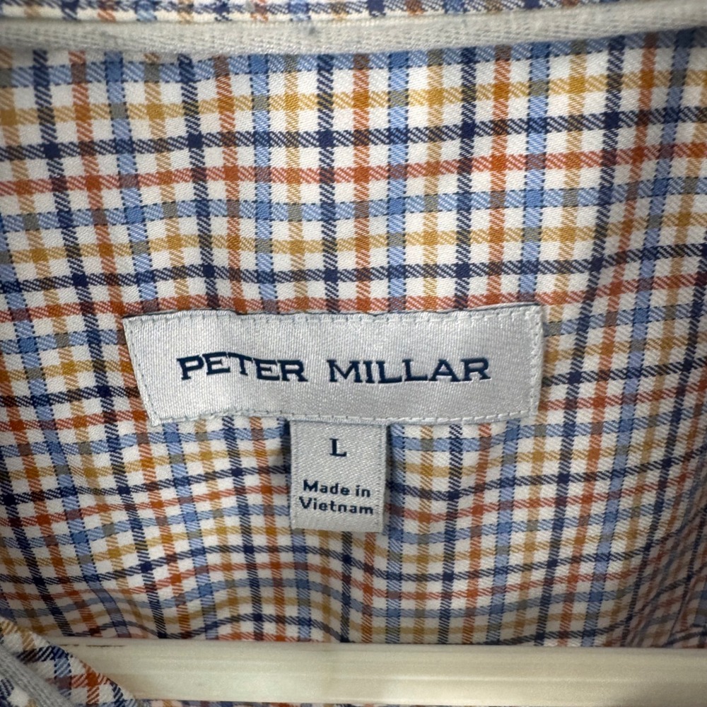 Peter Millar Mens Large Plaid Button Down Shirt Blue Orange Stretch Performance - Picture 6 of 10
